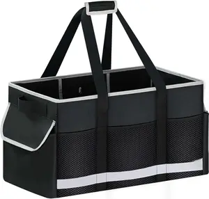 Upgrade  Utility Tote Bag with Reflective Strip, Standing  Grocery Bags with Hard Bottom, Collapsible Utility Tote with Handles for Shopping, Beach, Picnics, , Black