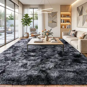 Tie Dye Black and Grey Non-Slip Shag Area Rug, Ultra Soft Fluffy Plush Carpet, Aesthetic Home Decor for Indoor Spaces