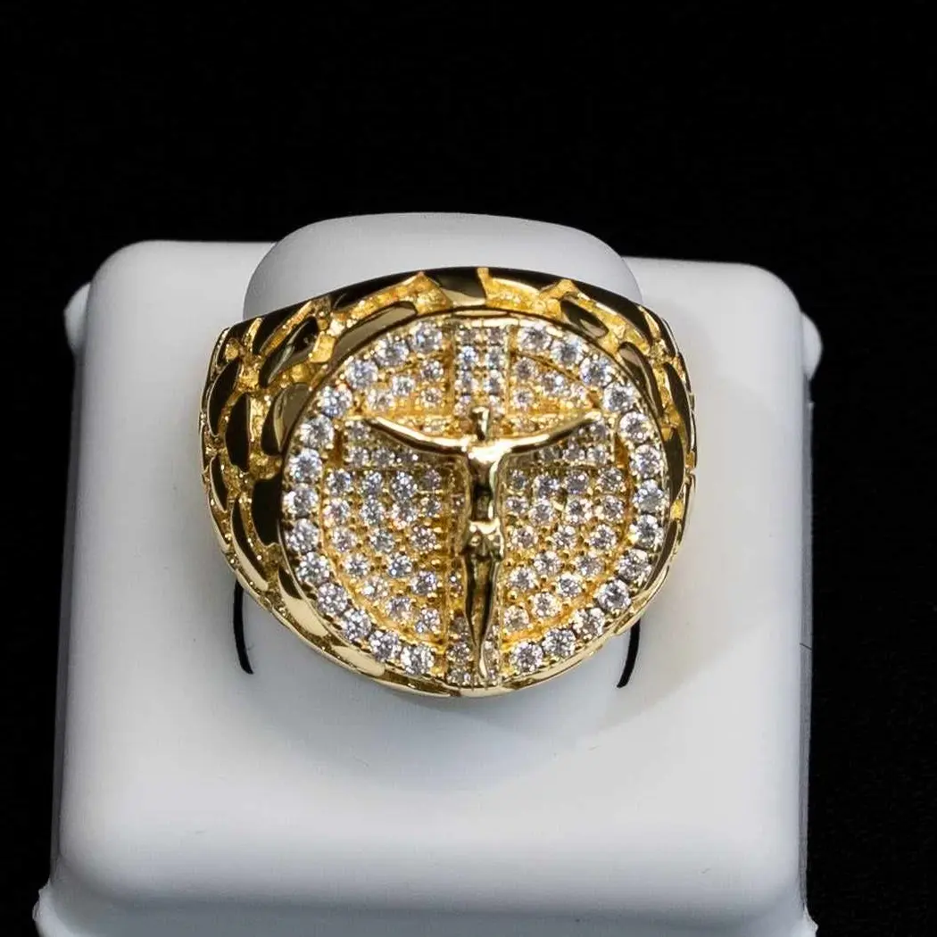 Men's Moissanite Jesus Crucifix Cross Nugget Ring 14K Gold Plated Solid 925 Sterling Silver Handmade Hip Hop Religious Signet Ring 20mm Detailed Heavy