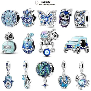 Original Blue Charms Devil Eyes Fatima Guard Palm 925 Silver Owl Butterfly Interval Beads For Bracelet Women's Charm DIY Jewelry