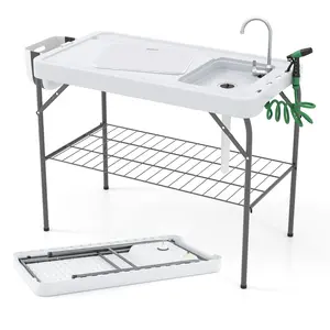COSTWAY - 2 in 1 Folding Fish Cleaning Table with Sink and Faucet for Patio BBQ
