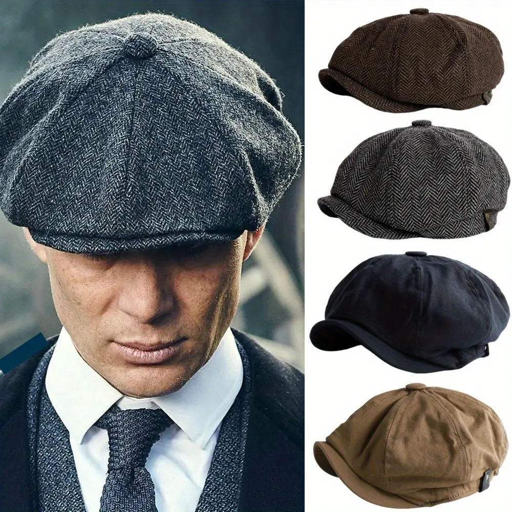 Unisex Retro British Herringbone Octagon 3D Flat Cap - Sports & Outdoor Accessory, Classic Tweed or Solid Look, Cozy Cotton Warmth, Lightweight, Size L (22.83in-23.62in), Multiple Colors (Black Coffee Wool, Grey Wool, Light Coffee Cotton)