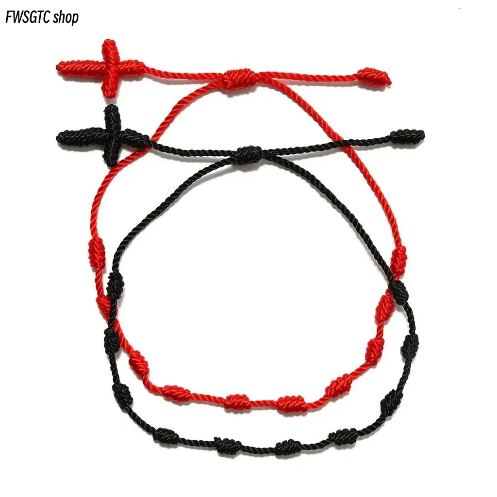 Kabbalistic 2-Piece Adjustable Bracelet Set, 7-Noded Red Braided Cord with Cross Charms, Handmade Protection & Good Fortune Amulets for Spiritual Wear or Gifting to Loved Ones (Bag Accessory Charm)