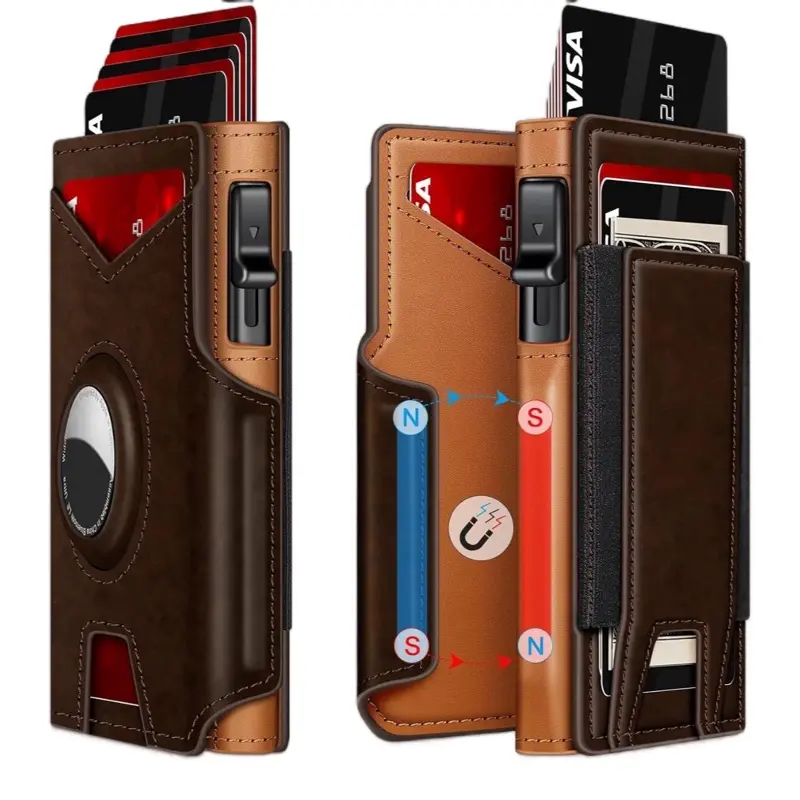 Airtag Wallet for Men Minimalist Slim Bifold Metal Aluminum Card Case with Smart Pop Up Credit Card Holder RFID Blocking & ID Window Compact Design