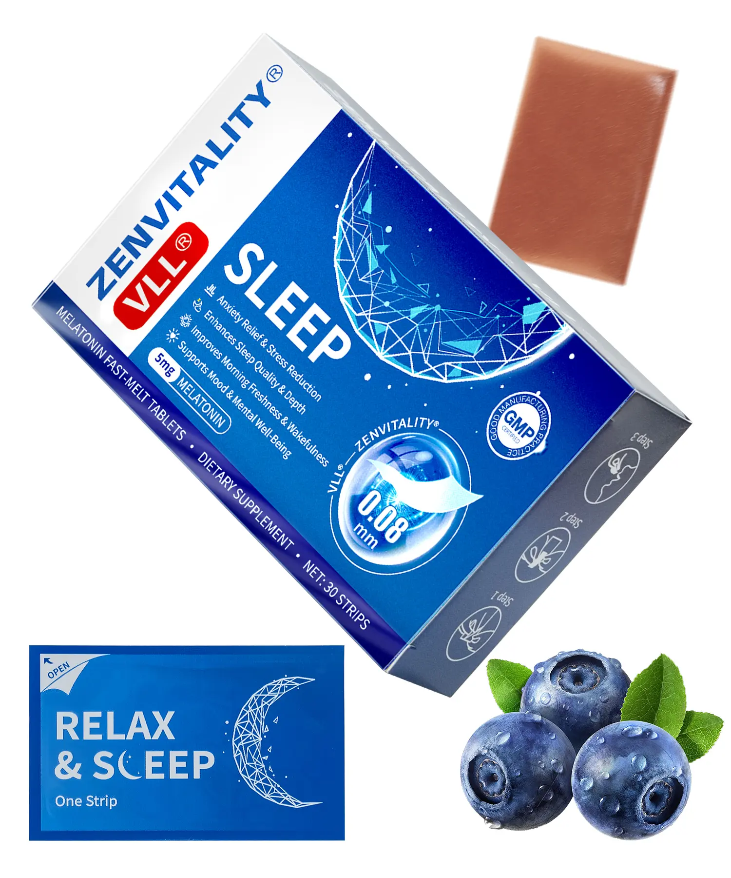VLL Fast-Melt Melatonin Dietary Supplement Oral Strips - FDA Registered, Sugar Free, 5mg, 30 Servings, Sweet Blueberry Flavor, for Adults' Night Time Relaxation, Wellness & Deep Rest