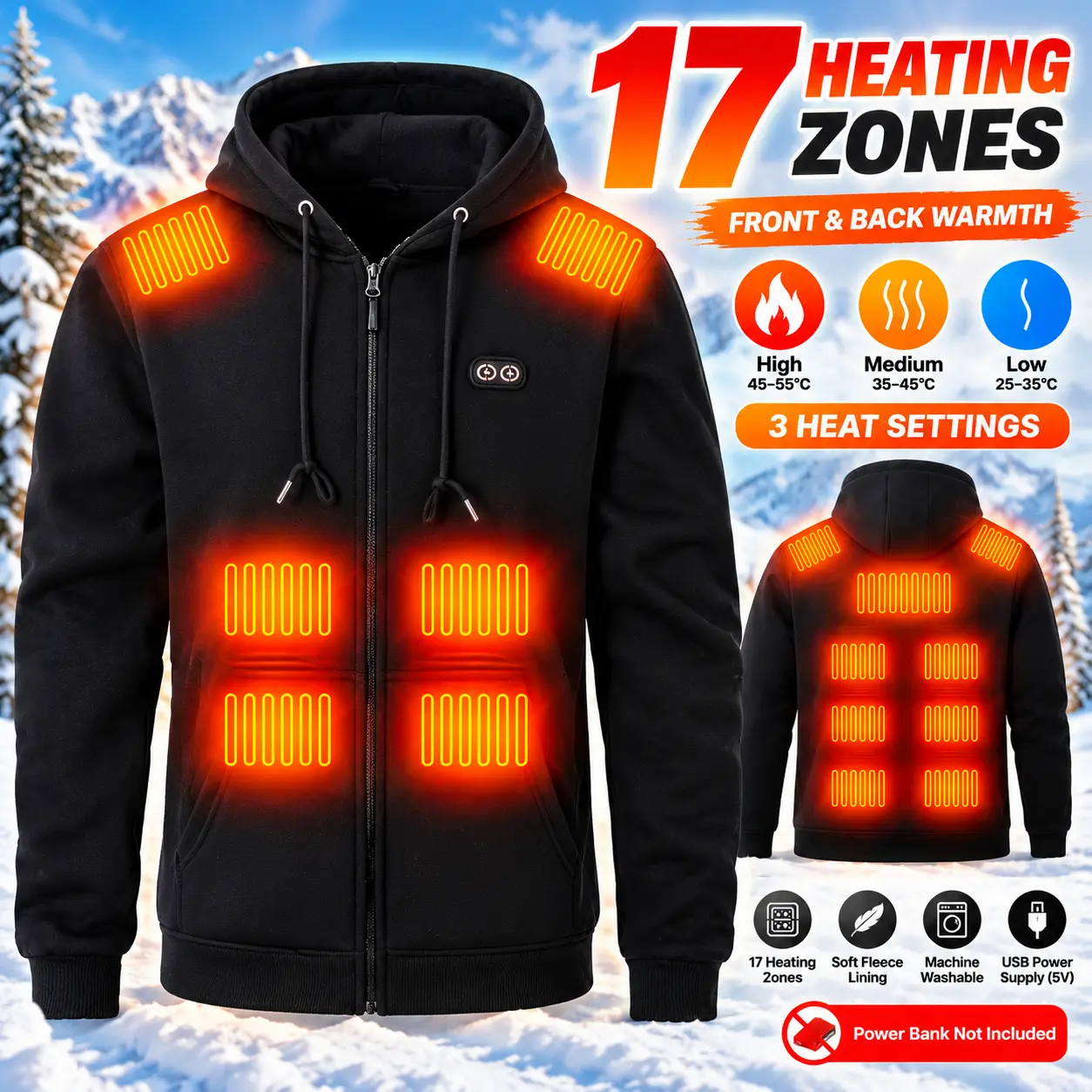 Men's 17-Zone Heated Hoodie Jacket, Full-Zip Hooded Sweatshirt with Dual-Zone Temperature Control, 3 Heat Settings, Front Pockets and Adjustable Drawstring for Winter Outdoor Activities
