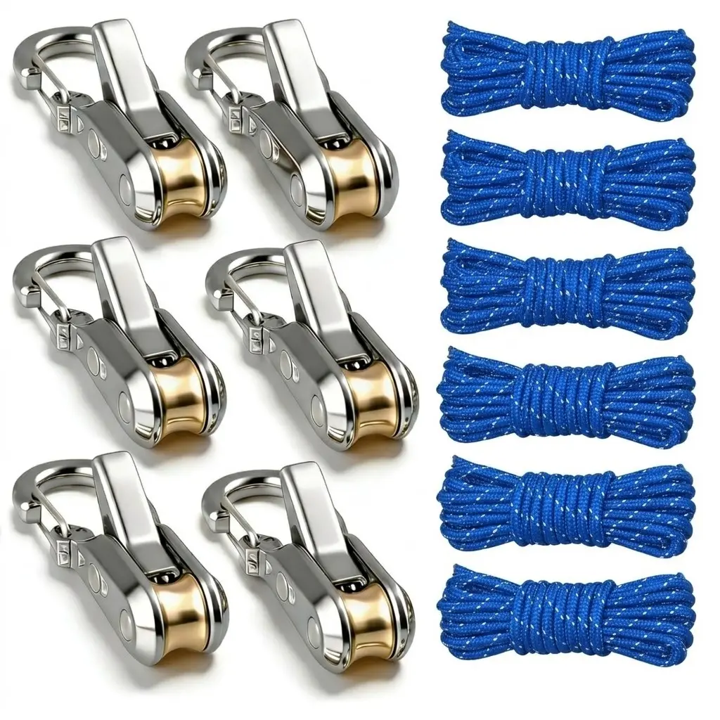 6-Piece Heavy-Duty Metal Umbrella Rope Adjuster with Carabiner, Adjustable Tension Adjustment Tool with Roller Tensioner, Ideal for Camping, Marine, Outdoor Equipment