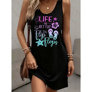 Women's Elegant 'LIFE is BETTER IN Flip Flops' Printed Sleeveless Maxi Dress with Pocket - Soft Opaque Dress for Beach Weddings, Summer Parties & Casual Outfits - Flip-Flop Friendly Mid-Length to Long Length Dress, Machine Washable