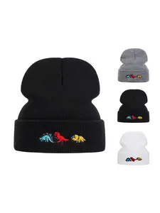 Unisex Knit Beanie Hat with Three Small Dinosaurs Design, Outdoor Sun Protection Cap for Travel Beach Vacation, Casual Fitted Style