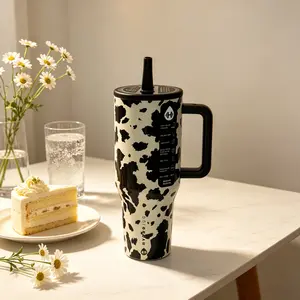 HydroJug 40oz Retro Black Cow Spot Insulated Tumbler, Matching Black Straw & Ergonomic Carry Handle, Leakproof 24H Cold Hold Water Jug for Kitchen, Camping & Daily Commute Drinkware Flasks Mug Mug Bottles Bottled Portable Stylish