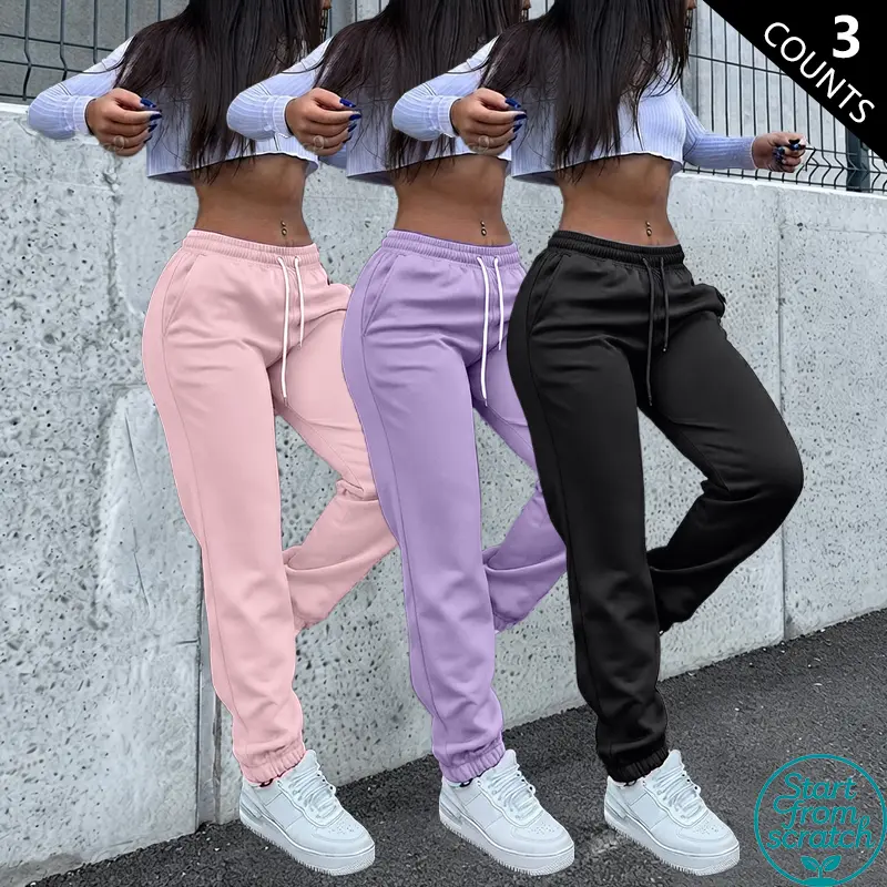 Pack of 3 women’s fashion casual solid-color lightweight breathable jogger pants with stretch, drawstring waist, and large pockets—suitable for sports, streetwear, everyday wear, etc.