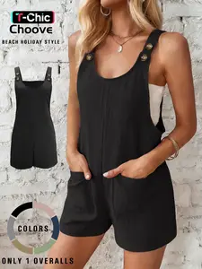 Women's Casual Basic Plain Sleeveless Overalls with Adjustable Buttons and Two Patch Pockets, Short Fitted Design, Perfect for Daily Wear and Beach Holidays