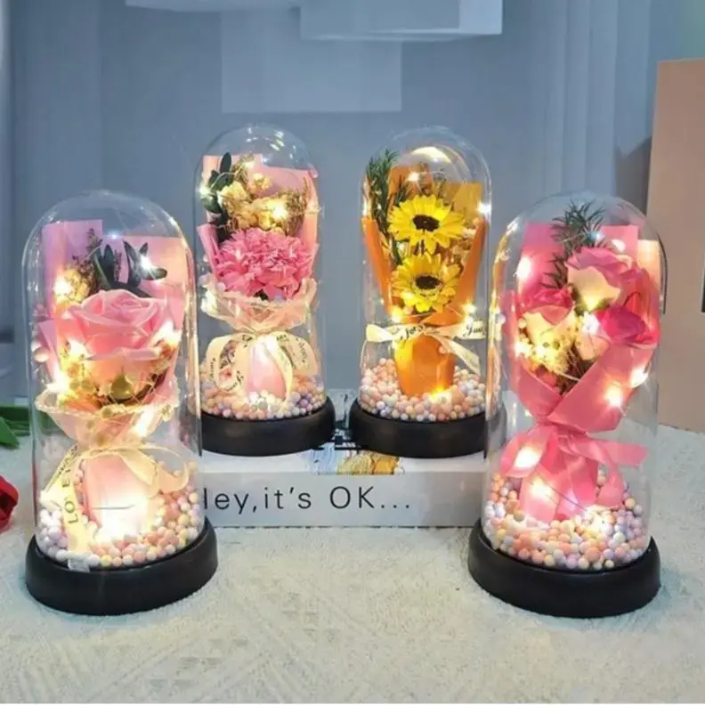 Enclosed Dome Light-Up Soap Rose Bouquet with Warm Fairy Lights, Eternal Artificial Flower Ornament, Room Decor Tabletop Decor, Women Gifts for Anniversary, Indoor Recreation Accessory, Romantic Vibe, Transparent Glass