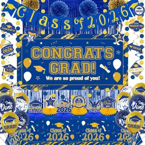 Graduation Decorations 2026 Blue and Gold Class of 2026 Banner Congrats Grad Backdrop Paper Pompoms Hanging Swirls and Balloons for 2026 Graduations Party Decorations Supplies