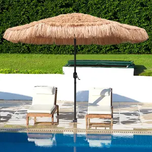 9ft Hula Thatched Tiki Umbrella Hawaiian Style Beach Patio Umbrella and 8 Ribs with Crank Lift UPF 50+ Outdoor Tiki Bar, Tropical Palapa, Patio Garden Beach Pool Backyard Natural Color