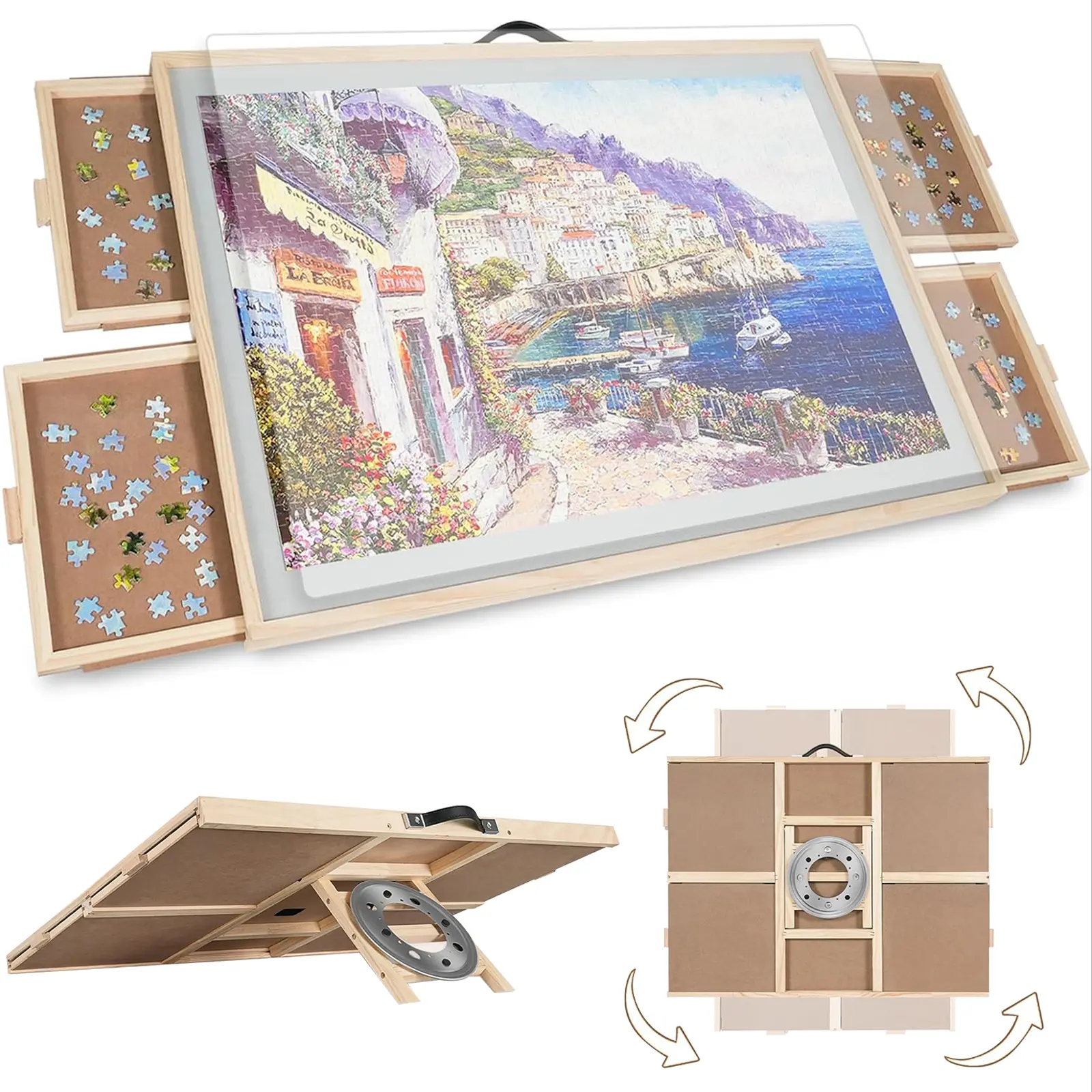 ALL4JIG 2-in-1 Puzzle Board for Adults and Mother’s Day Gift  with Wooden Tabletop Drawers Lazy Susan & Cover Rotating Tilting Design Portable Eco-Friendly Durable Adjustable Natural Wood High-Capacity