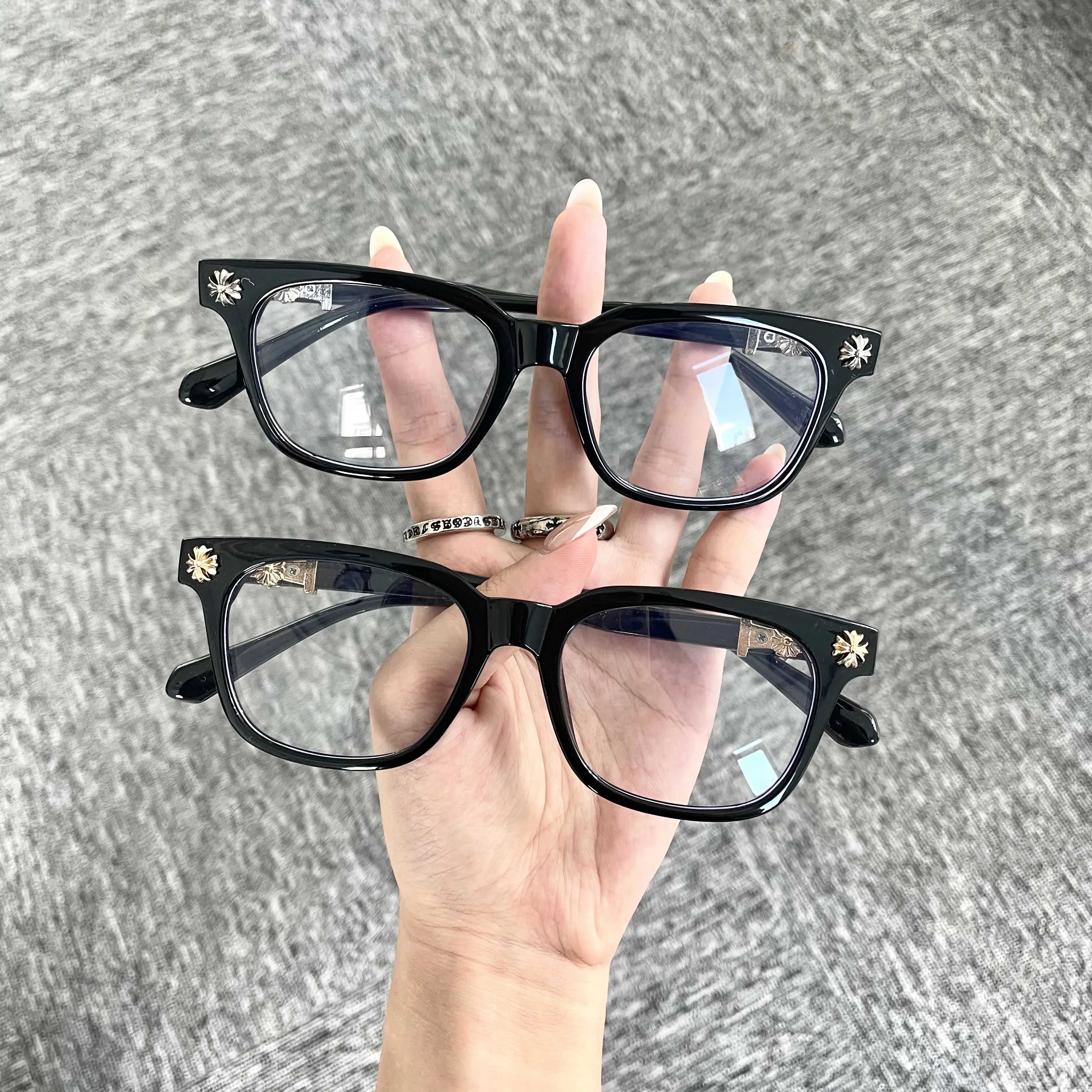 2026 New Trendy Cross Decor Black Eyeglasses,Y2K Gothic Style,Black Square Anti Blue Light Glasses