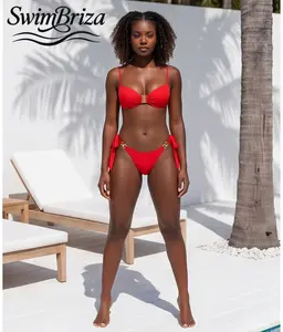 Briza｜Solid Red Tie-Side Cheeky Brazilian Two-Piece Bikini Set For Women With Push Up Padded Top And Gold Hardware Details Fancy Bathing Suit Swimwear For Vacation Pool Summer Resort Swimwear, Women's Swimwear, Bathing Suit for Women