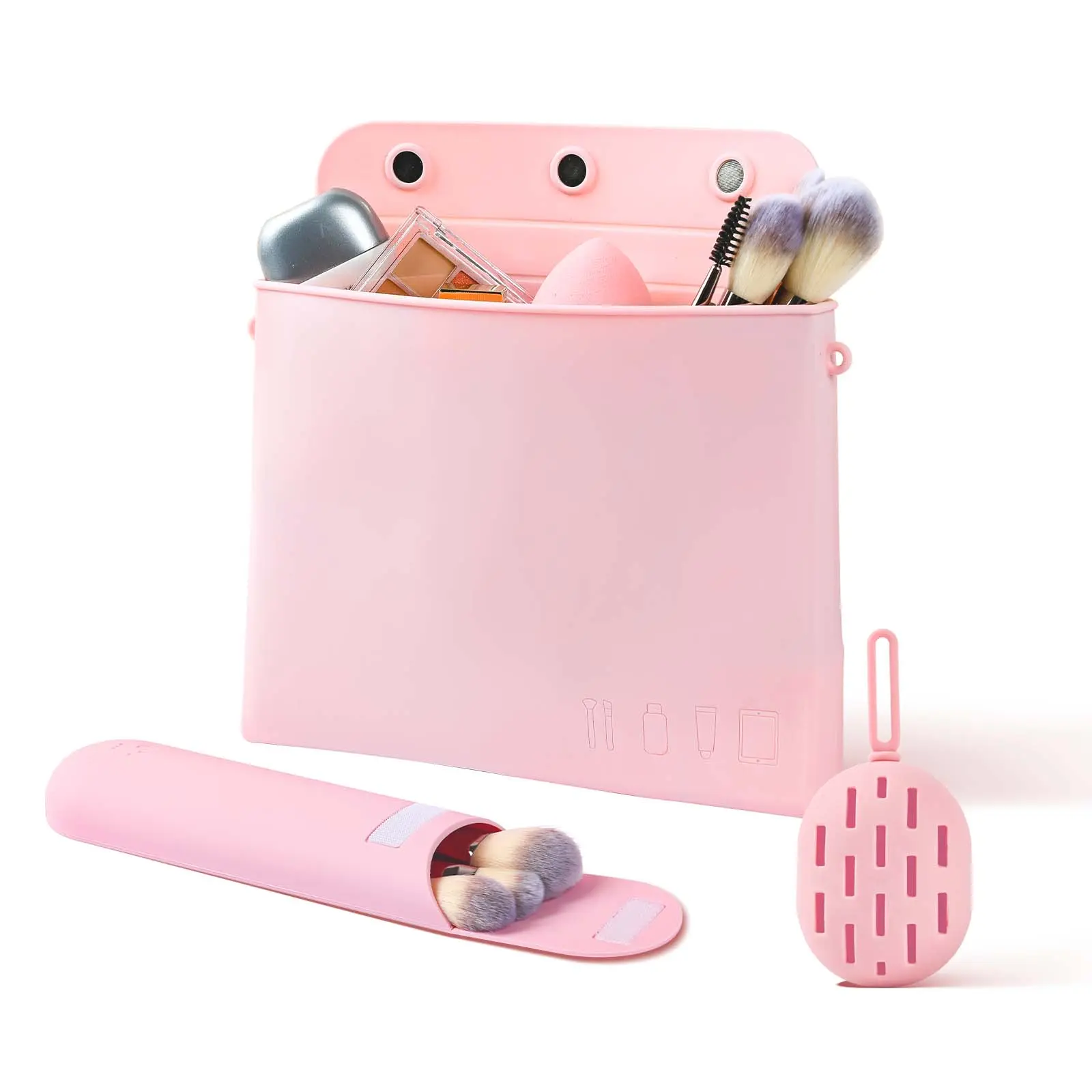 Silicone Makeup Bag & Travel Makeup Brush Holder & Makeup Sponge Holder, Travel Silicone Makeup Bag Set, Toiletry Bag For Storing Makeup Brushes And Makeup Tools (Pink)
