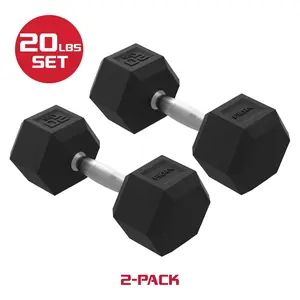 FitRx 20lbs Rubber Hex Dumbbell Set – Solid Steel Handles, Durable Rubber Coating, Anti-Roll Weights for Fitness, Pair