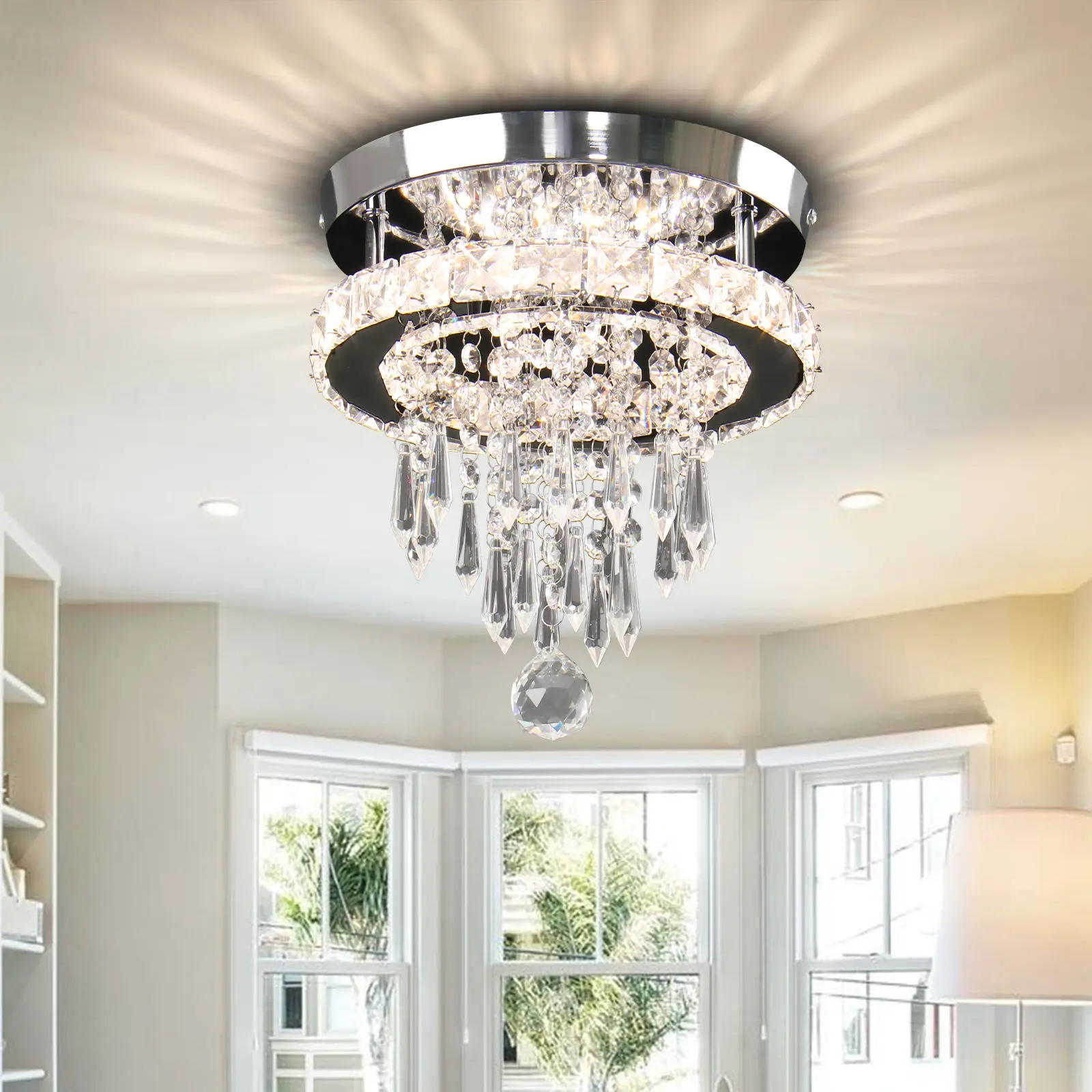 Round K9 Crystal Ceiling Light LED Chandelier for Bedroom Living Room Hallway QH-MC061