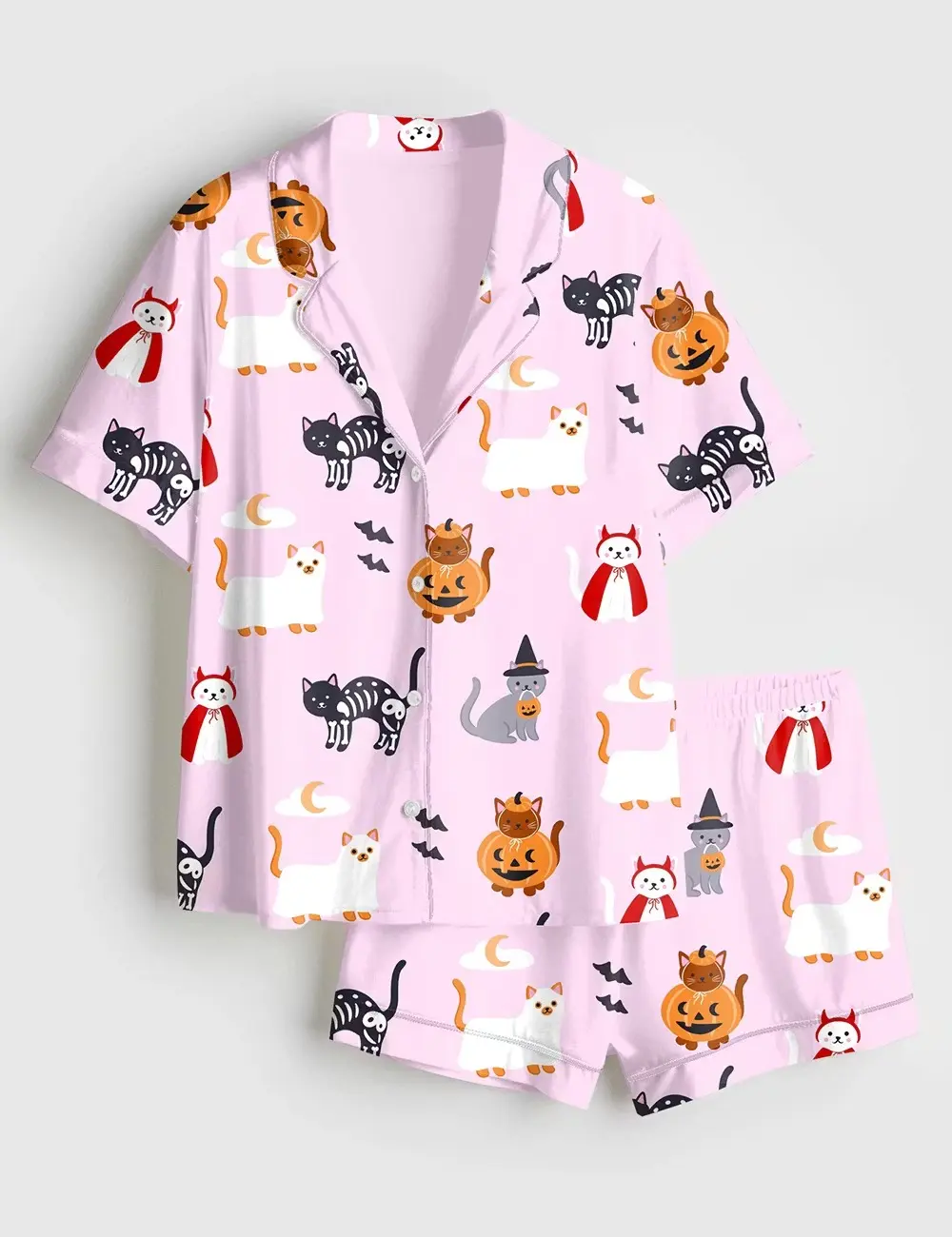 Women’s Lil Ghostie Cat Pumpkin Satin Pajamas, Spooky Halloween Short Sleeve Pjs, Cute Kitty Sleepwear, Cozy October Loungewear