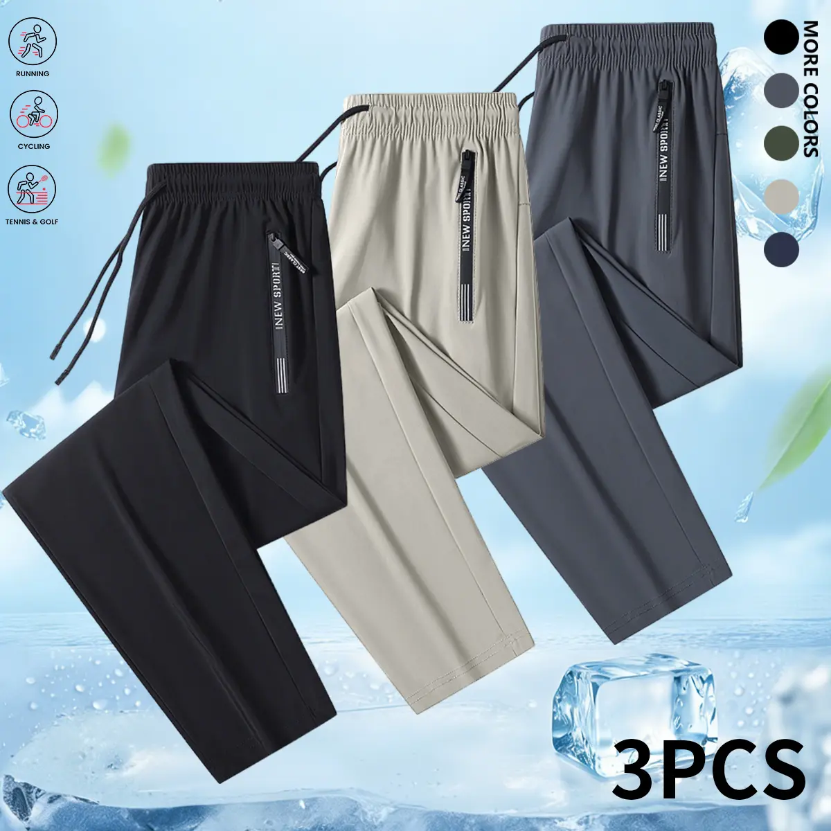 Men’s 3-Pack Stretch Ice Silk Athleisure Sweatpants, Drawstring Elastic Waistband, Breathable Quick-Drying Casual Athletic Pants for Gym Training, Running,summerwins