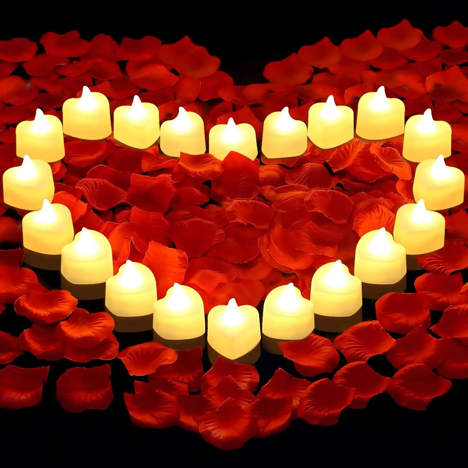 Flameless Candles Set - 24-Pack Flickering LED Tea Lights, 200+Hr Battery-Operated Warm White, 2000 Artificial Romantic Rose Petals, Valentine's Themed Artificial Rose Arrangement with Lights for Wedding, Halloween Decor, Led Lighted, Decorative Light Dec