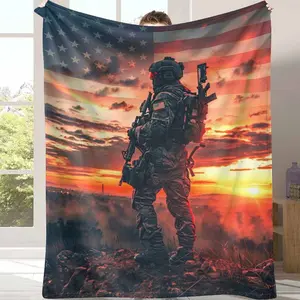 American Soldier Tactical Camouflage Flannel Fleece Blanket US Flag Patriotic Print UltraSoft Warm Cozy Durable Hypoallergenic Perfect for Living Room Decor Bedroom Camping Veteran's Day Gift Home Decor Outdoor Adventure Military Appreciation