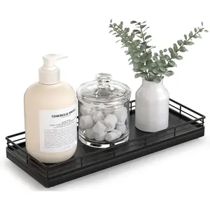 Bathroom Tray for Countertop Storage – Oak Vanity Tray with Metal Frame, Suitable for Vanity, Kitchen, Nightstand – Black Decorative Storage Rack