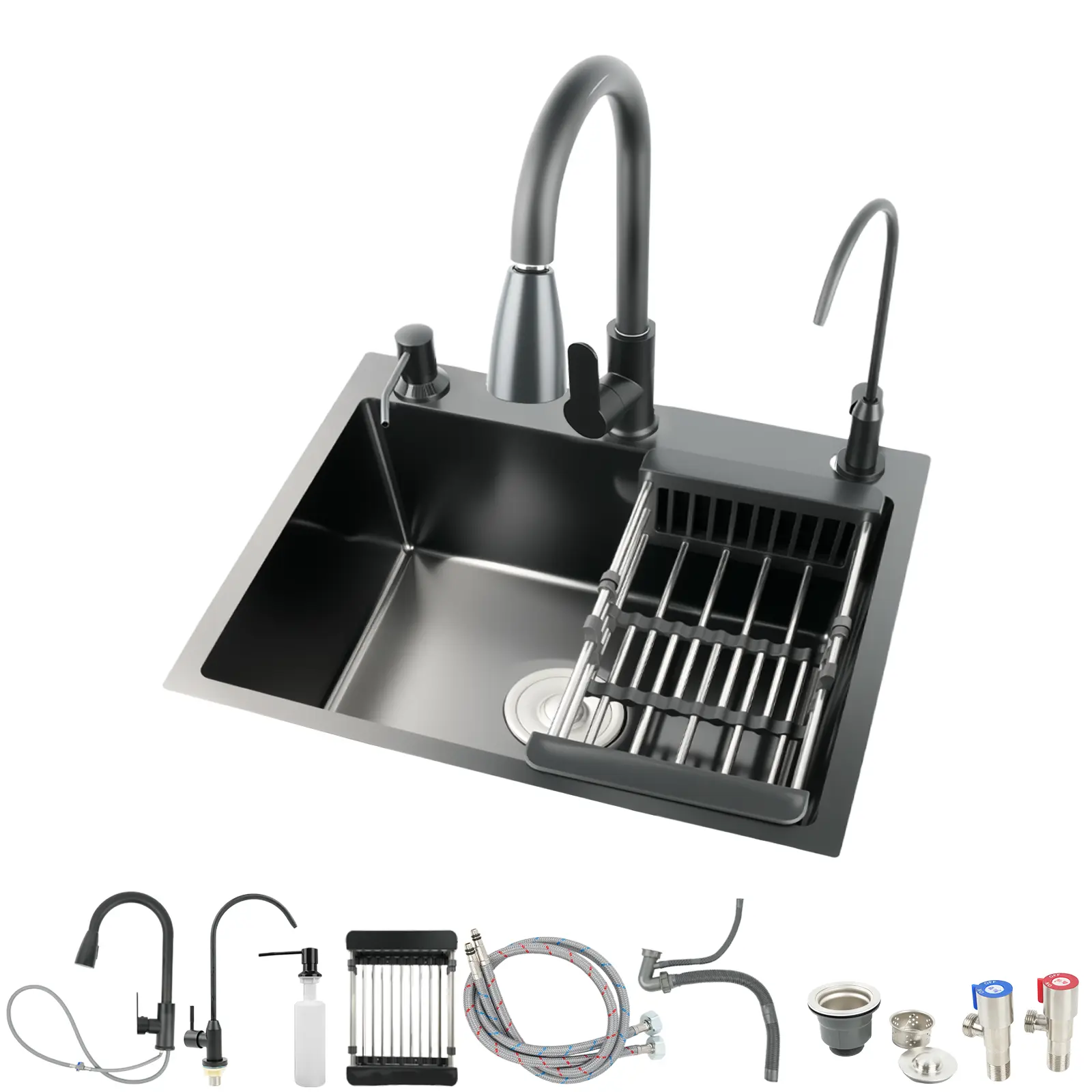 Black Kitchen Sink, Stainless Steel Single Bowl Sink, Drop In/Topmount Workstation Sink with Sliding Accessories, Farmhouse Workstation sink with Multiple Accessories (19.7 x 17.7in)