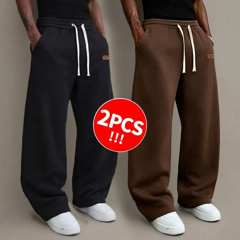 2pcs Unisex solid color knit drawstring pants for autumn/winter—simple, comfortable, and warm. Available in 2 pack and single pack options.