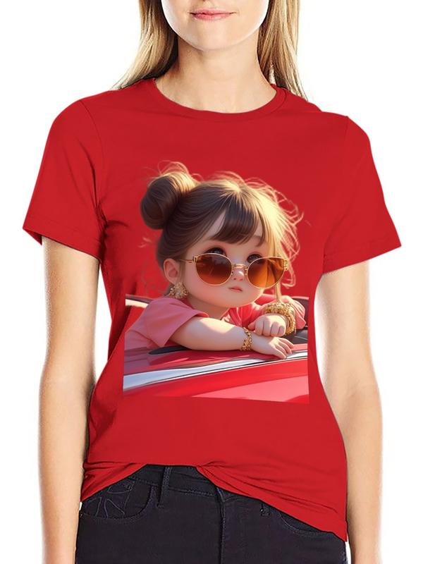 Women's Soft Cotton Fitted Crew Neck T-Shirt - Short Sleeves, Minimalist Convertible Car Print, Glam Diva Halloween Casual Top