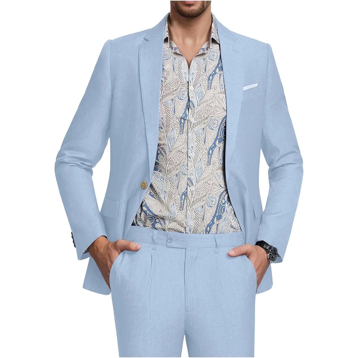 Men's Suit Tencel Linen Two Piece Slim Fit Summer Grooms Wedding Prom Dress Tuxedo Suits for Men Blazer Pants Set