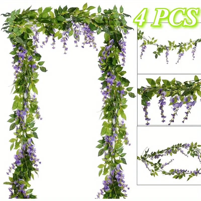 Light Purple Fake Wisteria Plastic Garland Set - 28.8ft Silk Cloth Artificial Vine with 15-Inch Stems, Hanging Flowers for Home Garden, Party Wedding Arch Decor, Home Ornaments