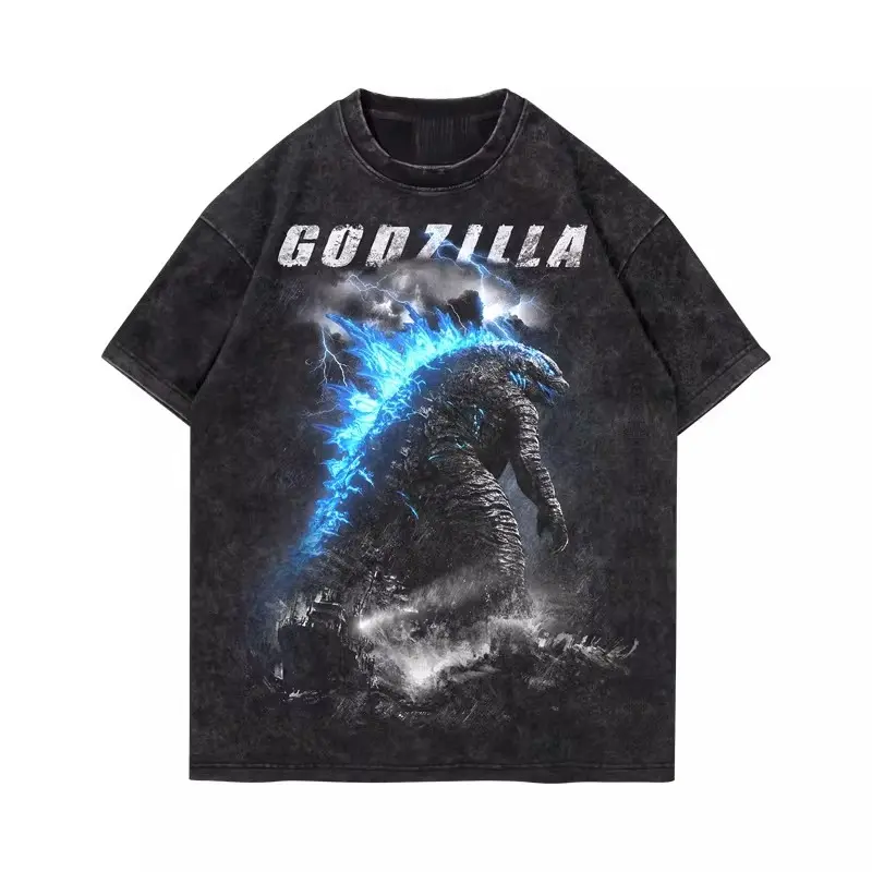 Men's Vintage Kaiju Figure Graphic Tshirt, Loose Fit Washed Cotton Streetwear, Distressed Round Neck Sports Clothes M