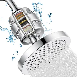 6-inch circular showerhead set with 15 level showerhead filter reduces chlorine and heavy metals, luxurious polished chrome color