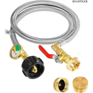 Propane Tank Adapter for 1 lb. Tanks,Upgrade 3 FT/36inch Propane Tank Refill Adapter Stainless Steel Hose with Gauge and ON-Off Control Valve, Fits QCC1 / Type 1 Propane Tank, 2 Caps Included