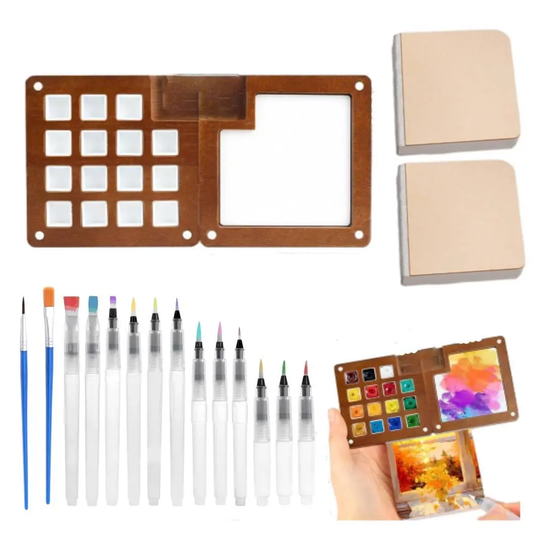 Travel Compact Lightweight Walnut Wood Mini Watercolor Palette Set - Grid Paint Box, Binder Clips, 14 Brushes, Premium Paper Sketchbook, Unscented Haircare & Styling Tool Compatible Accessory for Beginners, Creativity Inspiration