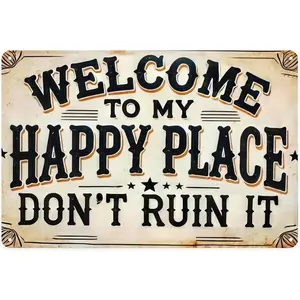 Welcome to My Happy Place Tin Sign, Vintage Home Decor Metal Sign Print Aesthetic Room Decoration for Home Bedroom Dorm Bathroom Wall Decor 8X12 inch
