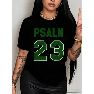 Plus Size, Women's Size Compatible Psalm 23 Bible Verse Christian T-Shirt - White with Green Lettering, Breathable Faith Top Suitable for Church, Prayer & Casual Attire - Machine Washable Summer & Year-Round Casual Wear (US Shipping Sizes)