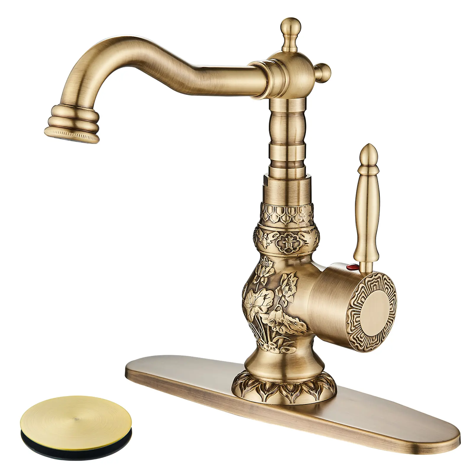 Vintage Metal Antique Brass Bathroom Vanity Faucet, Single Handle 1-Hole Fit Single Hole Bathroom Sink Tap with Elegant Design, Cover Plate and Pop-Up Drain