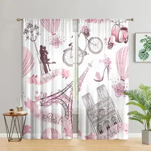 Romantic Eiffel Tower Pattern Window Curtain, 2 Counts/set Modern Casual Punch Free Rod Pocket Curtain, Home Decor for Living Room Bedroom Kitchen Study Room