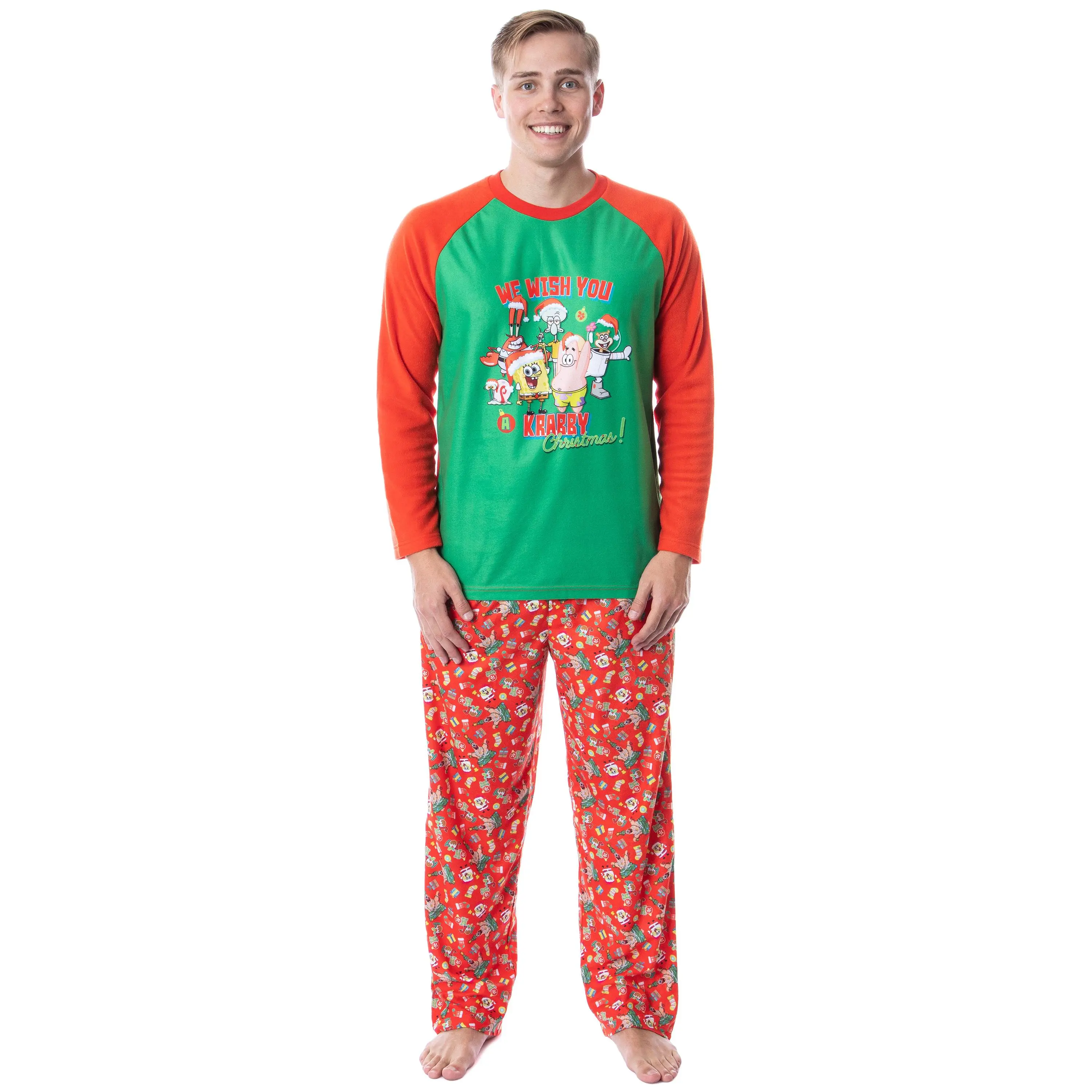 PJammy Men's Nickelodeon SpongeBob Krabby Christmas Pajama Set, 2-Piece Long Sleeve Polyester Nightwear with Pockets, Love, Original, Fabric, Apparel, Menswear, Classic, Print