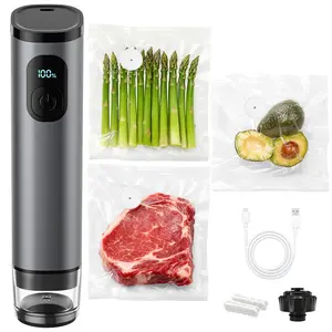 GVODE Premium Metal Handheld Vacuum Sealer for Food with Power Display & Detachable Tank,60kPa Strong Suction, Includes 30 Reusable Bags & Wine Stopper for Food Preservation- Gray/Silver