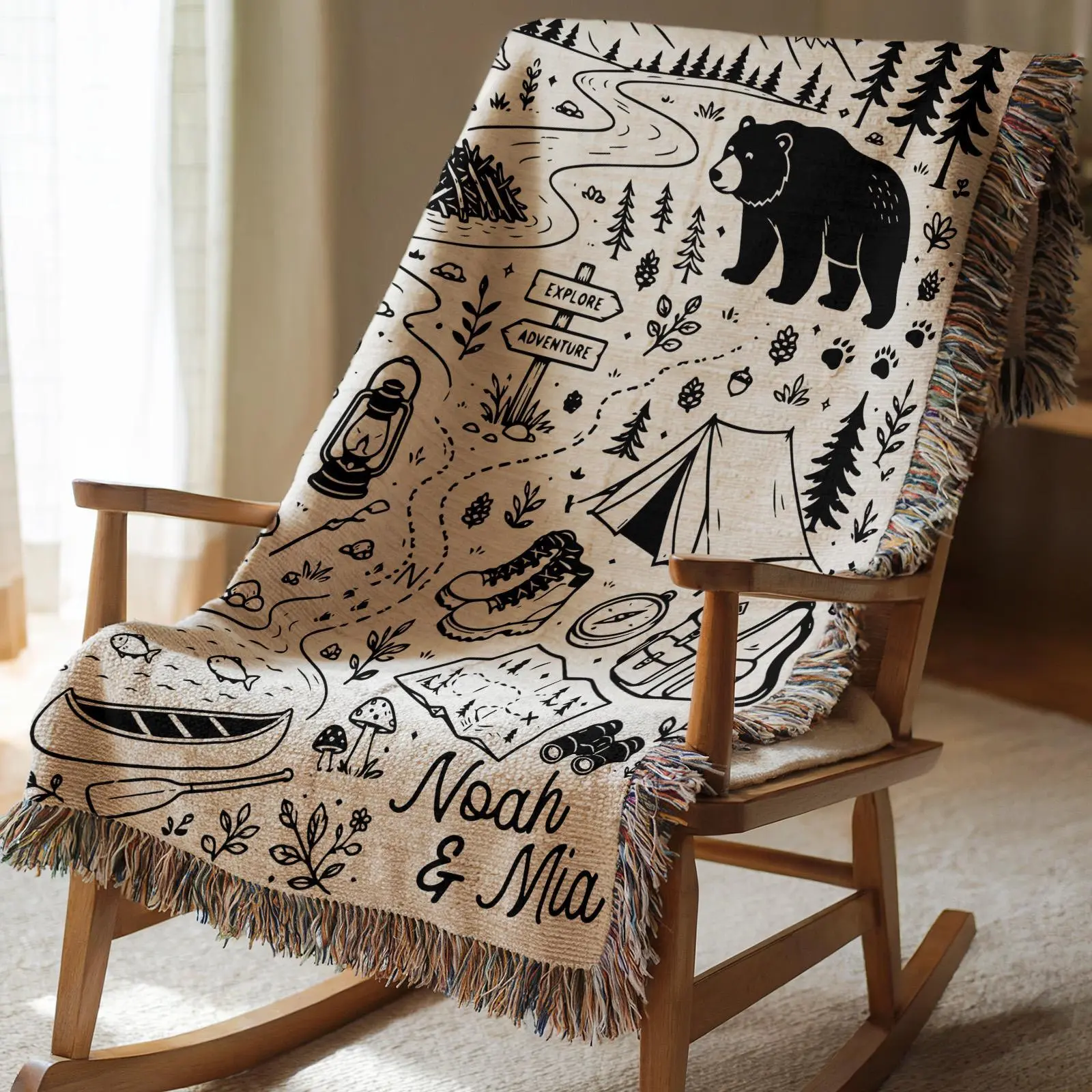 Custom Camping Woven Blanket - Personalized Adventure Throw Blanket, Couple Gift, Family Name Keepsake