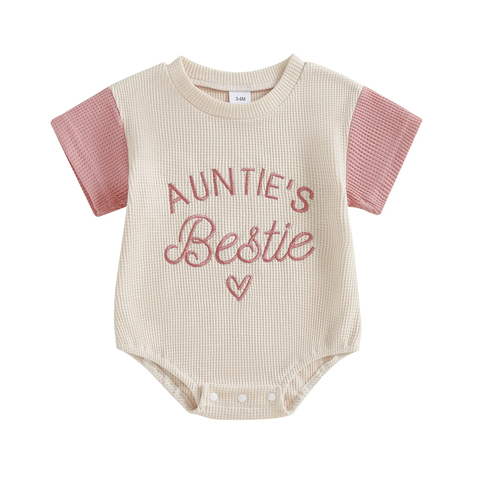Infant Baby Girl Bubble Romper Contrast Color Auntie's Bestie Embroidery Waffles Short Sleeve Onesie Bodysuit Jumpsuit