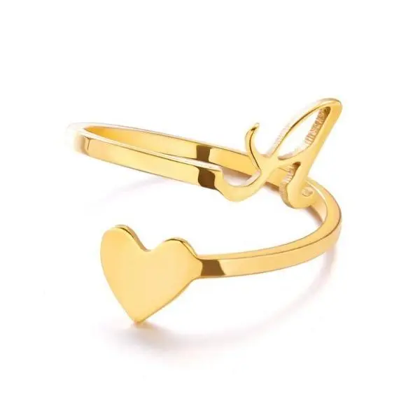 GGIRL Fashionable Adjustable Stainless Steel 26 Letters Alphabet A-Z Initial Heart Ring For Women&Girl ,Elegant Cute Romantic Gift For Her On Birthday/Valentain's Day