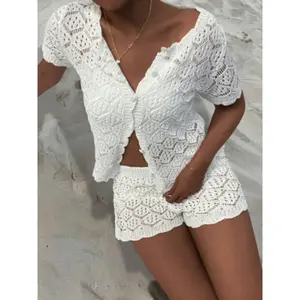 Women’s crochet knit two-piece set, summer short-sleeved top and shorts, breathable and lightweight, suitable for the beach and vacations GARMENTARY