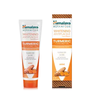 Himalaya Botanique Whitening Antiplaque Turmeric & Coconut Oil Mint Toothpaste for Whiter Teeth- Fluoride Free, Vegan, SLS Free, 4 oz
